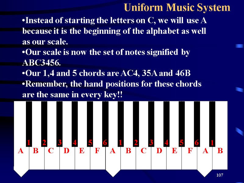 107 Uniform Music System   Instead of starting the letters on C, we